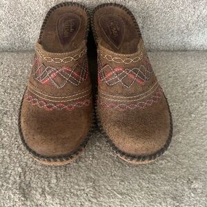 Clarks Artisan leather wedge clogs, brown with red & white stitching